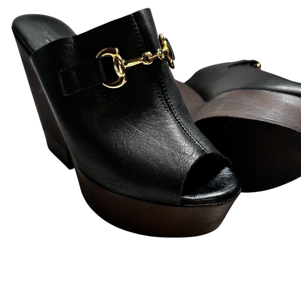 CHARLES DAVID BLACK LEATHER WEDGE MULES WITH  GOLD ACCENT.NEW.SZ.8
